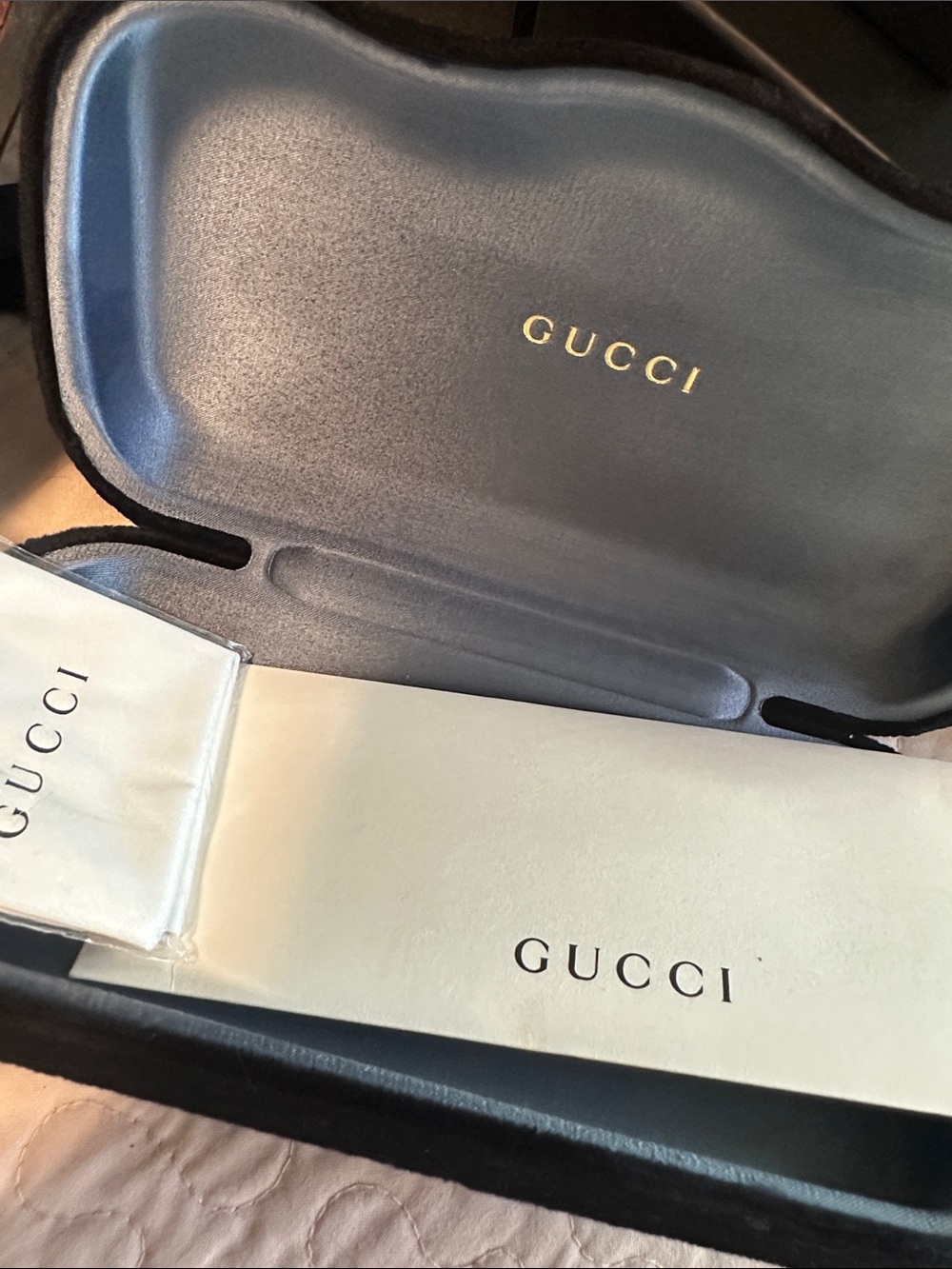 Gucci Light Blue and White Sunglass Case Set with Gold Logo
